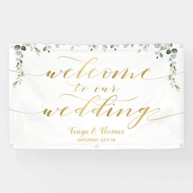 Greenery Gold Calligraphy White Willkommen bei Hoc Banner (Horizontal)