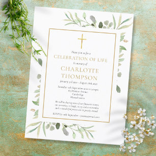 Greenery Gold Cross Gedenk Funeral Einladung