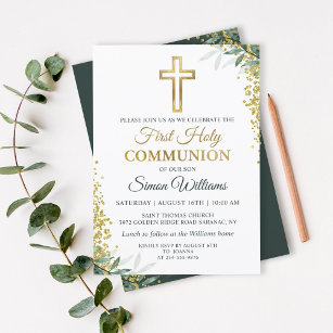 Greenery Gold Cross Glitzer Erste Heilige Kommunio Einladung
