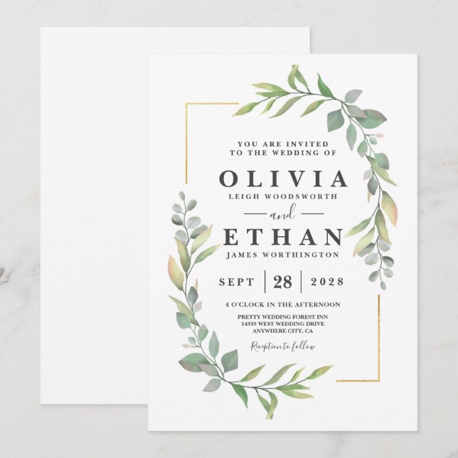 Greenery Gold Elegant Watercolor Boho Leaf Wedding Einladung (Vorne/Hinten)