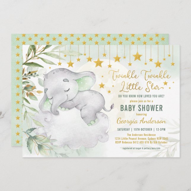 Greenery Gold Elephant Moon Stars Baby Dusche Einladung (Vorne/Hinten)