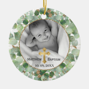 Greenery Gold Eucalyptus Baby Baptism Foto Keramik Ornament