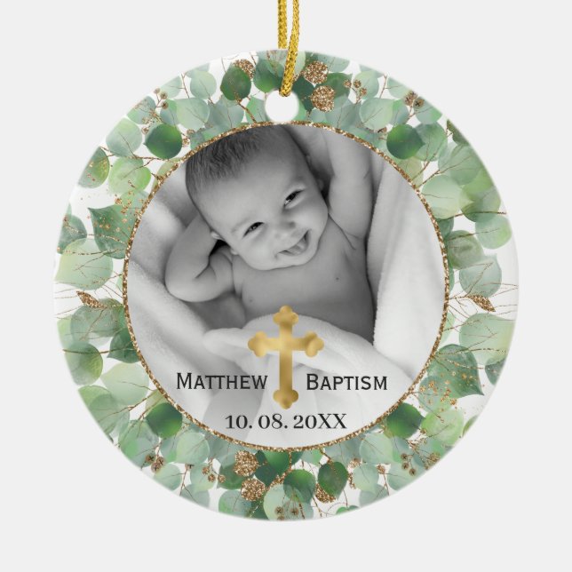 Greenery Gold Eucalyptus Baby Baptism Foto Keramik Ornament (Vorne)