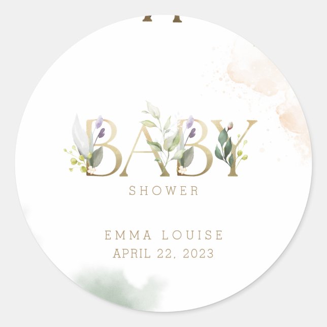 Greenery Gold Eucalyptus Baby Shower Runder Aufkleber (Vorderseite)