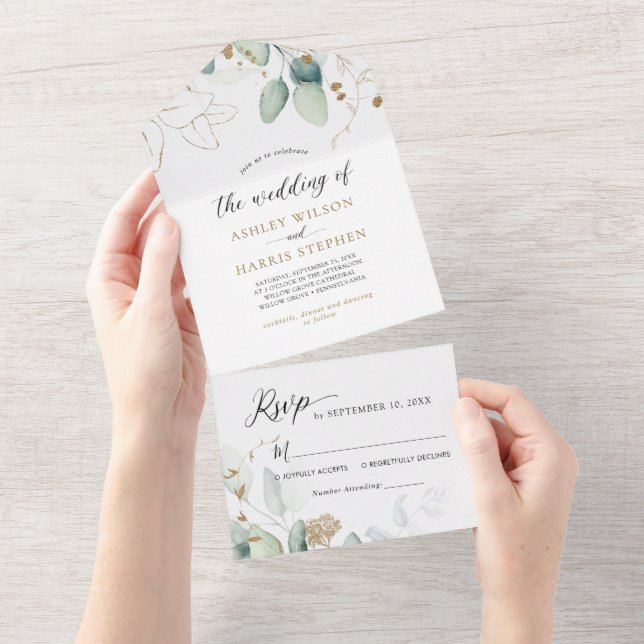 Greenery Gold Eucalyptus Rustic Wedding All In One Einladung (Abreißen)
