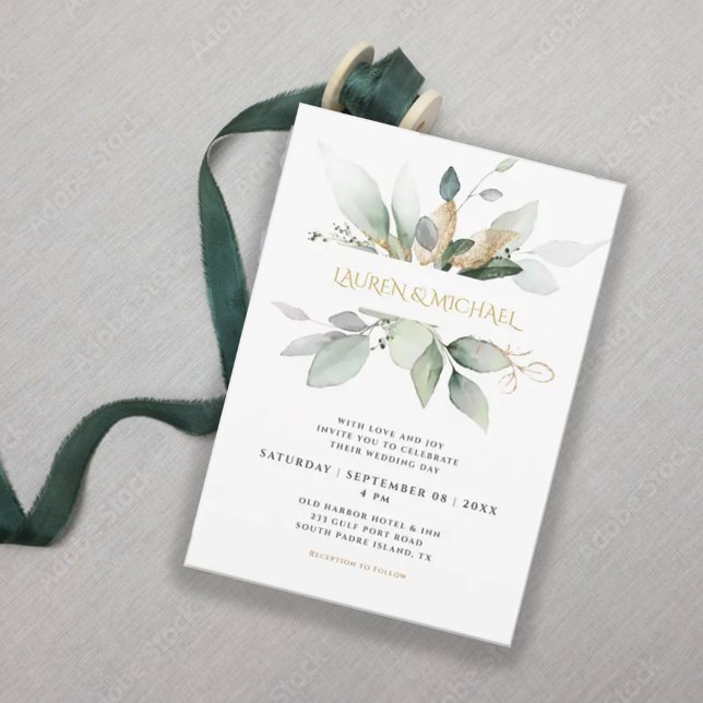 Greenery & Gold Eucalyptus Wedding Einladung (Von Creator hochgeladen)