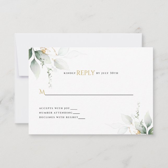 Greenery & Gold Eucalyptus Wedding RSVP Karte (Vorderseite)
