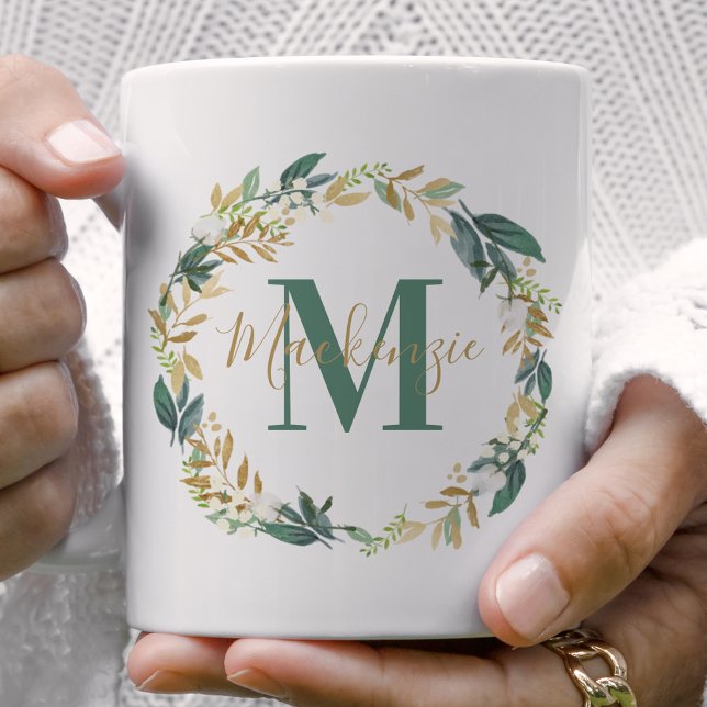 Greenery Gold Floral Wreath Custom Monogram Kaffeetasse (Von Creator hochgeladen)