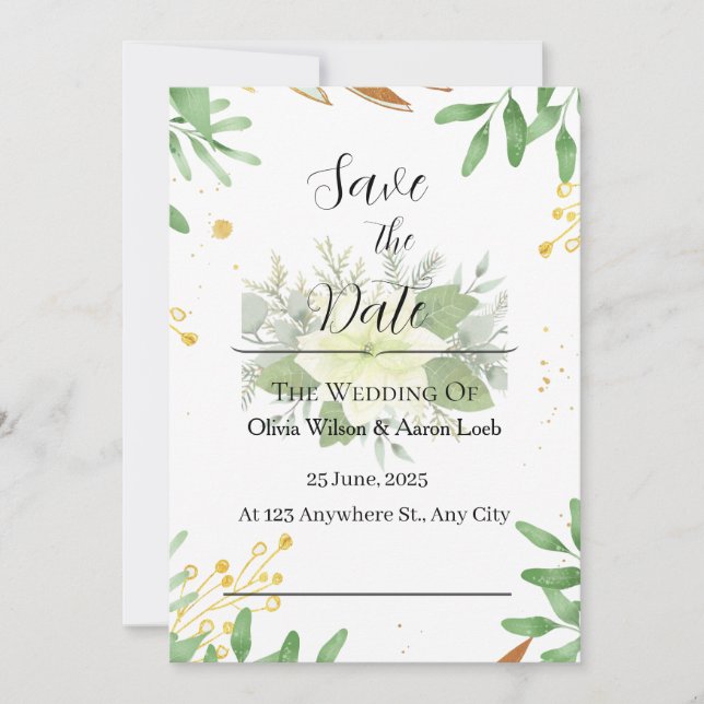Greenery Gold Foil Elegante Hochzeit Einladung (Vorderseite)