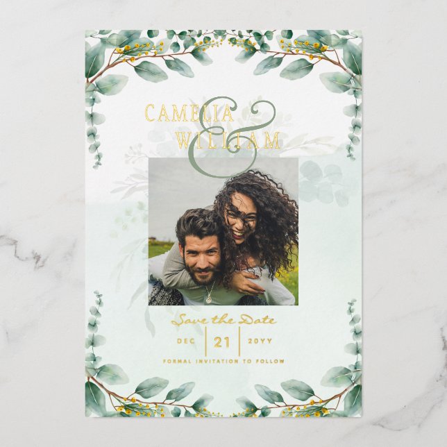 Greenery Gold Foil FOTO QR CODE Hochzeitsdatum Ger Folieneinladung (Vorderseite)