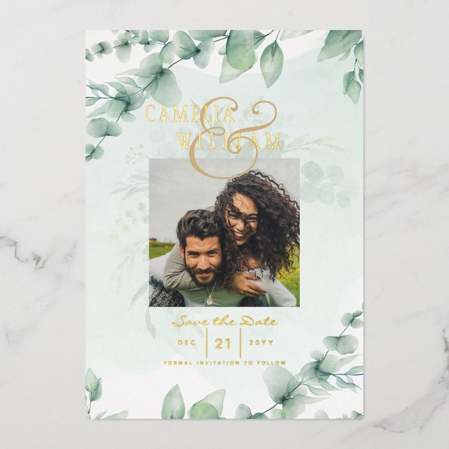 Greenery Gold Foil FOTO QR CODE Hochzeitsdatum Ger Folieneinladung (Vorderseite)