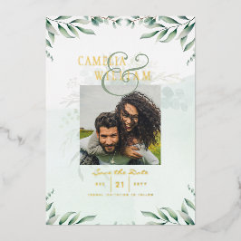 Greenery Gold Foil FOTO QR CODE Hochzeitsdatum Ger Folieneinladung