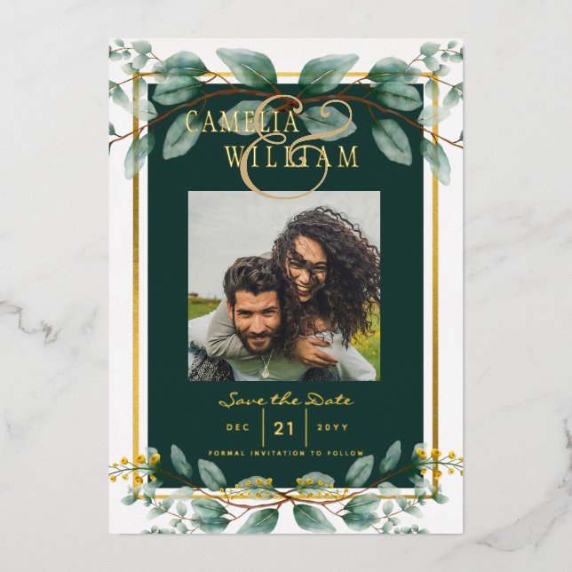 Greenery Gold Foil FOTO QR CODE Hochzeitsdatum Ger Folieneinladung (Vorderseite)
