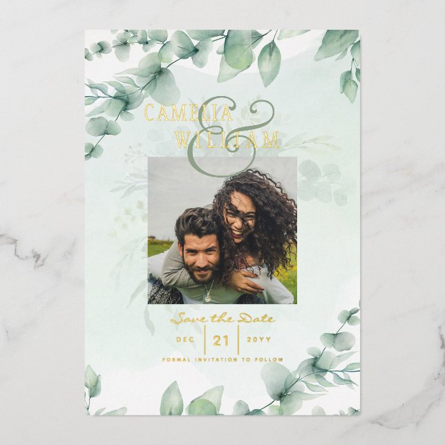 Greenery Gold Foil FOTO QR CODE Hochzeitsdatum Ger Folieneinladung (Vorderseite)