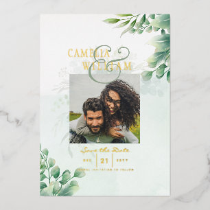 Greenery Gold Foil FOTO QR CODE Hochzeitsdatum Ger Folieneinladung