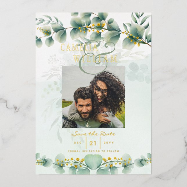 Greenery Gold Foil FOTO QR CODE Hochzeitsdatum Ger Folieneinladung (Vorderseite)