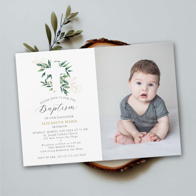 Greenery Gold Foliage Baby Kleinkind Foto Taufe Einladung (baby baptism photo invitation christening greenery foliage gold elegant classy simple delicate soft)