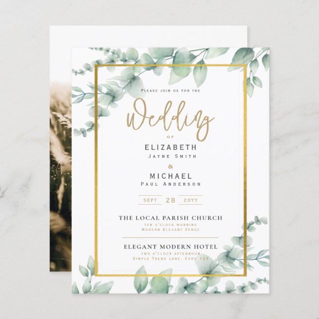 Greenery Gold FOTO Wedding Einladung BUDGET (Vorne/Hinten)