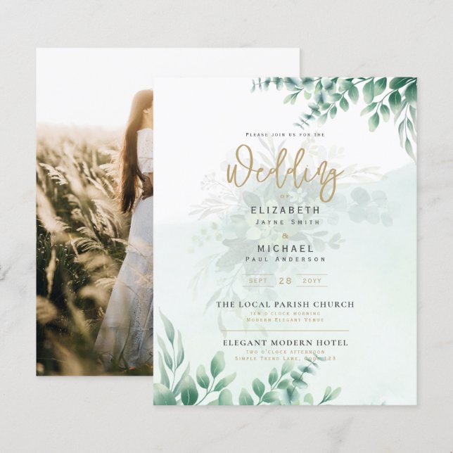 Greenery Gold FOTO Wedding Einladung BUDGET (Vorne/Hinten)