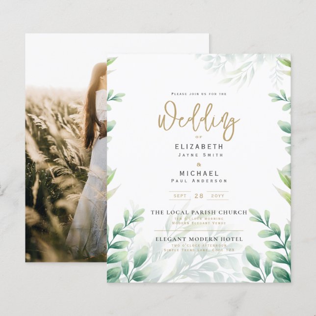 Greenery Gold FOTO Wedding Einladung BUDGET (Vorne/Hinten)