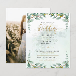 Greenery Gold FOTO Wedding Einladung BUDGET