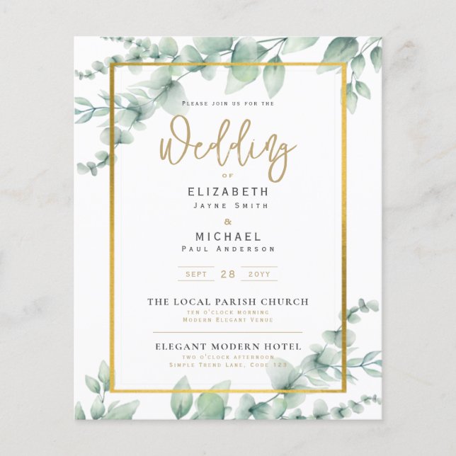 Greenery Gold FOTO Wedding Einladung BUDGET Flyer (Vorne)