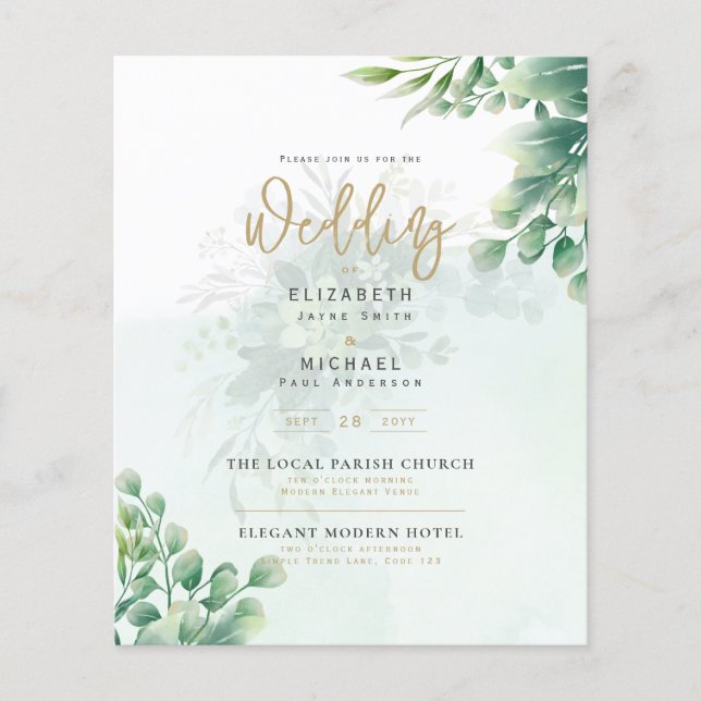 Greenery Gold FOTO Wedding Einladung BUDGET Flyer (Vorne)
