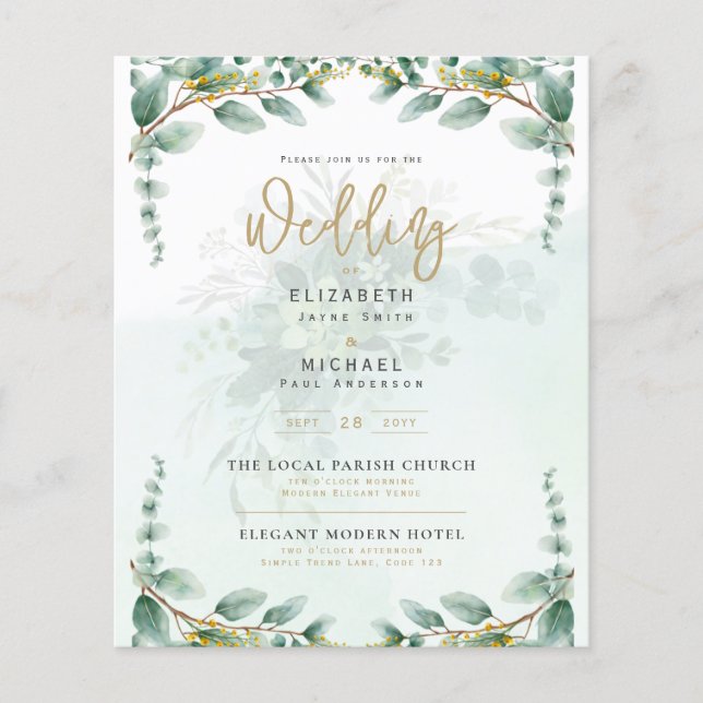 Greenery Gold FOTO Wedding Einladung BUDGET Flyer (Vorne)