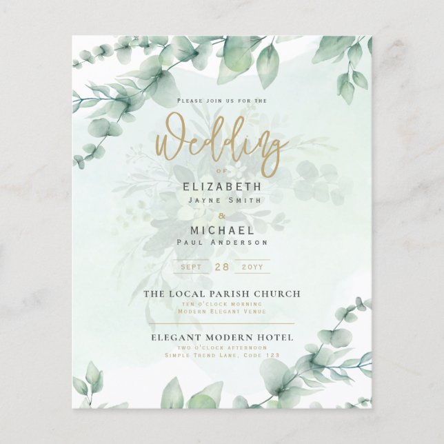 Greenery Gold FOTO Wedding Einladung BUDGET Flyer (Vorne)