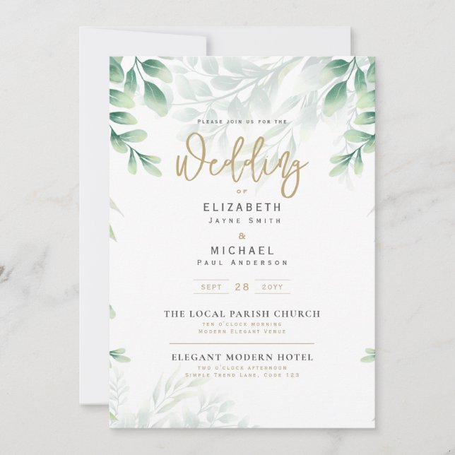 Greenery Gold FOTO Wedding LeahG Einladung (Vorderseite)