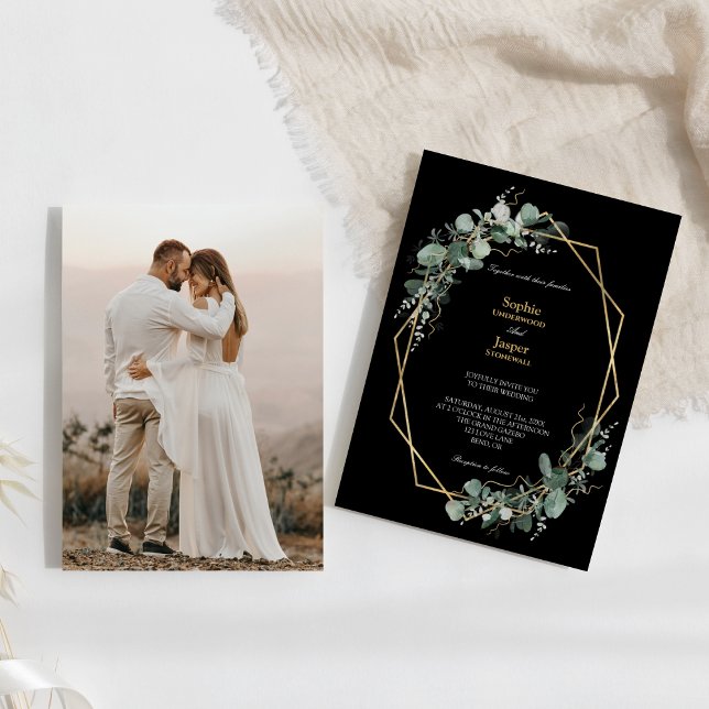 Greenery Gold Frame Simple Black Foto Wedding Einladung (Von Creator hochgeladen)