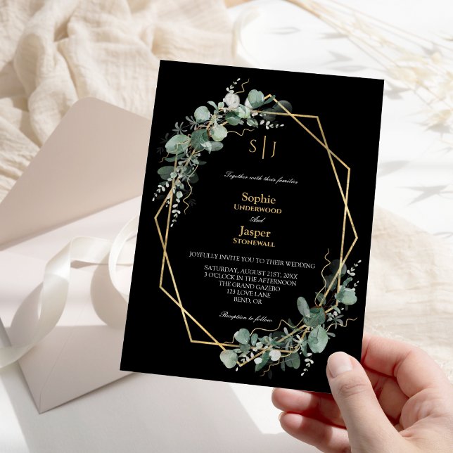 Greenery Gold Frame Simple Black Monogram Wedding Einladung (Von Creator hochgeladen)