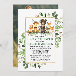 Greenery Gold Frame Woodland Animals Shower Foto Einladung
