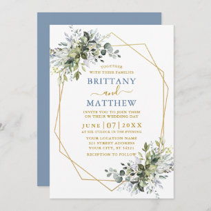 Greenery Gold Geo Frame Dusty Blue Wedding Einladung