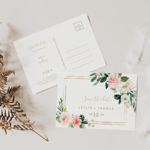 Greenery & Gold Geometric Elegant Save the Date Postkarte