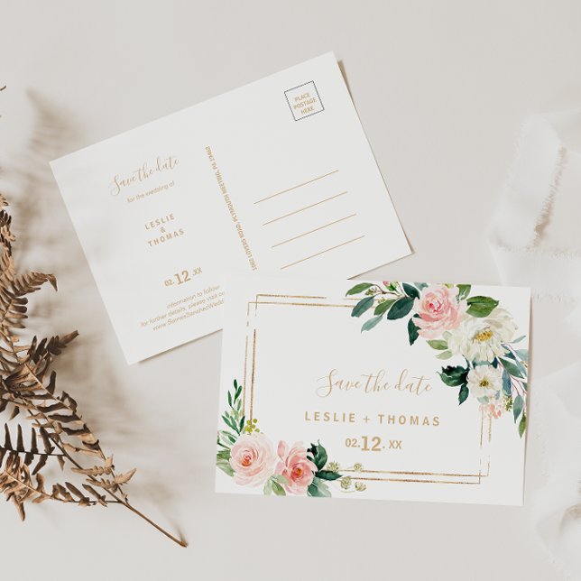 Greenery & Gold Geometric Elegant Save the Date Postkarte (Von Creator hochgeladen)