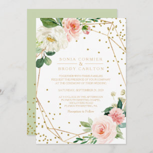 Greenery & Gold Geometric Elegante Hochzeit mit Fl Einladung