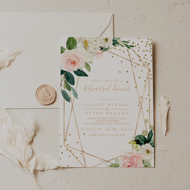 Greenery & Gold Geometric Elegante Probe Abendesse Einladung (Von Creator hochgeladen)