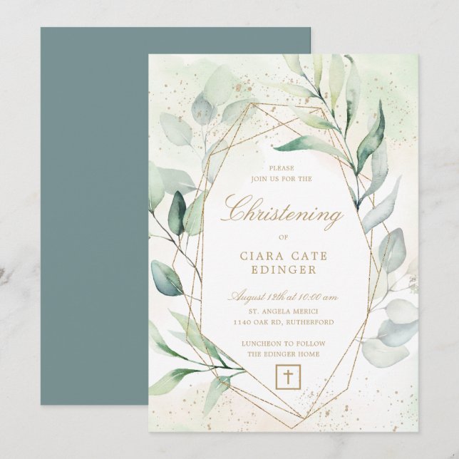 Greenery Gold Geometric Eucalyptus Christening Einladung (Vorne/Hinten)