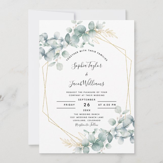 Greenery Gold Geometric Eukalyptus Wedding Einladung (Vorderseite)