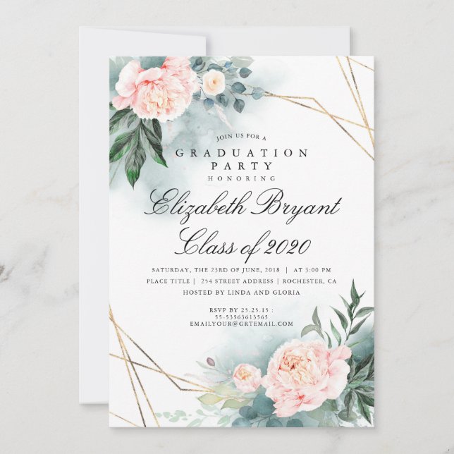Greenery Gold Geometric Floral Graduation Party Einladung (Vorderseite)