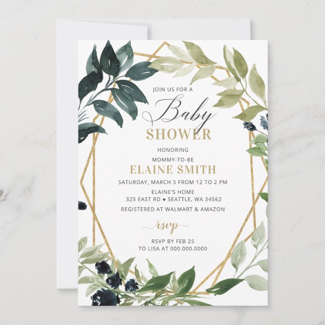 Greenery Gold Geometric Gender Neutral Baby Shower Einladung (Vorderseite)