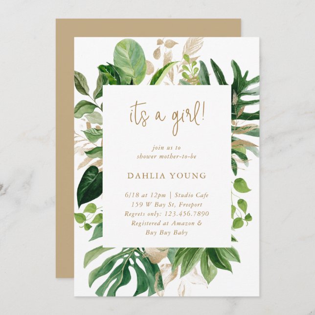 Greenery Gold Geometric Girl Tropical Baby Shower Einladung (Vorne/Hinten)
