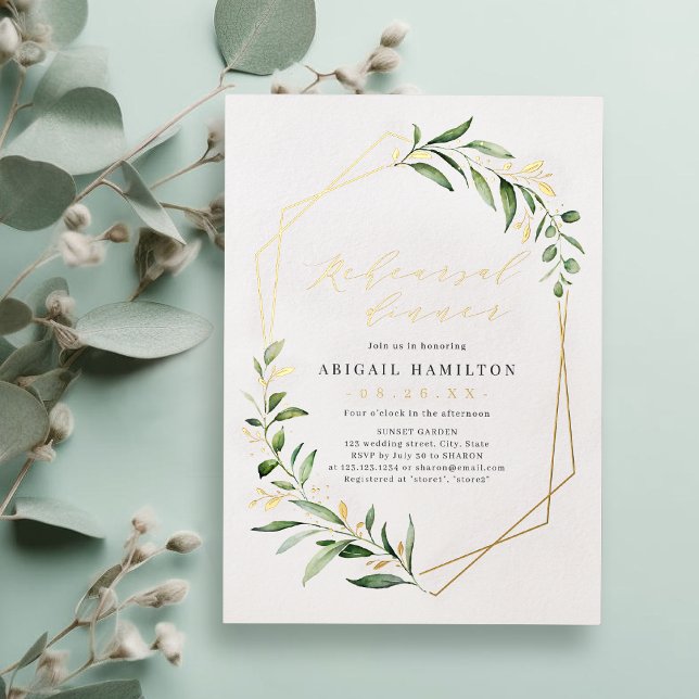 Greenery Gold Geometric Rustic Probe Dinner Folieneinladung (Greenery Gold Geometric Rustic Rehearsal Dinner Foil Invitation)