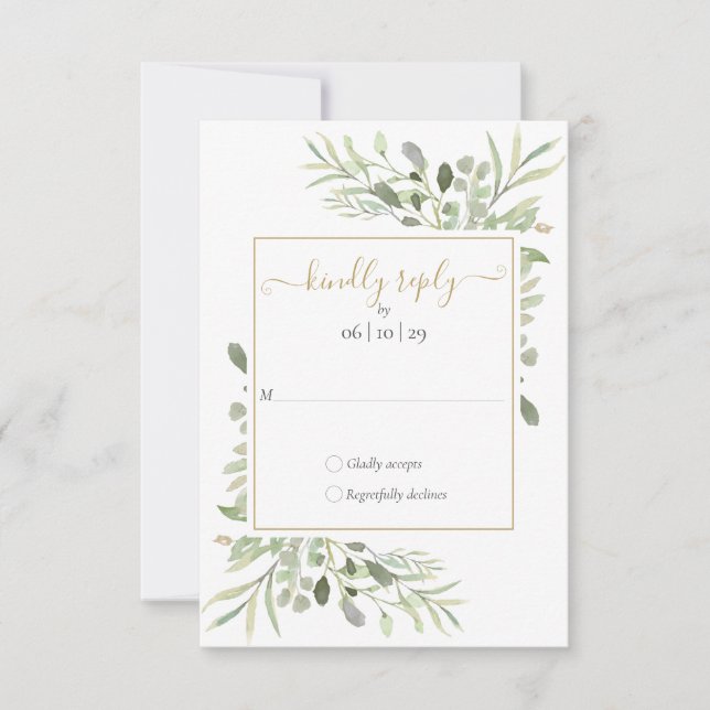 Greenery Gold Geometric Script Wedding RSVP Karte (Vorderseite)