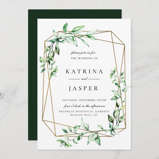 Greenery Gold Geometric Wedding Einladung (Vorne/Hinten)