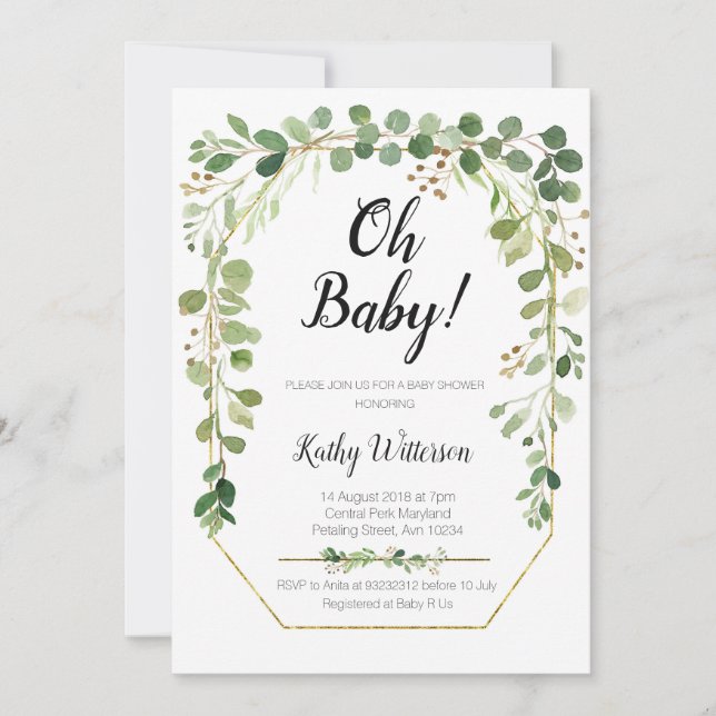 Greenery Gold Glitzer Baby Shower Einladung (Vorderseite)