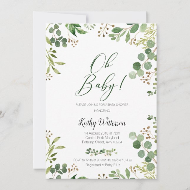Greenery Gold Glitzer Botanical Baby Shower Einladung (Vorderseite)