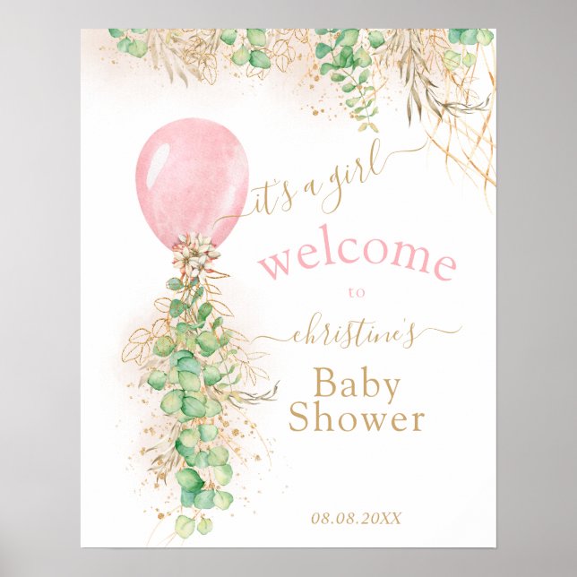 Greenery Gold Glitzer Eucalyptus Balloon Willkomme Poster (Vorne)