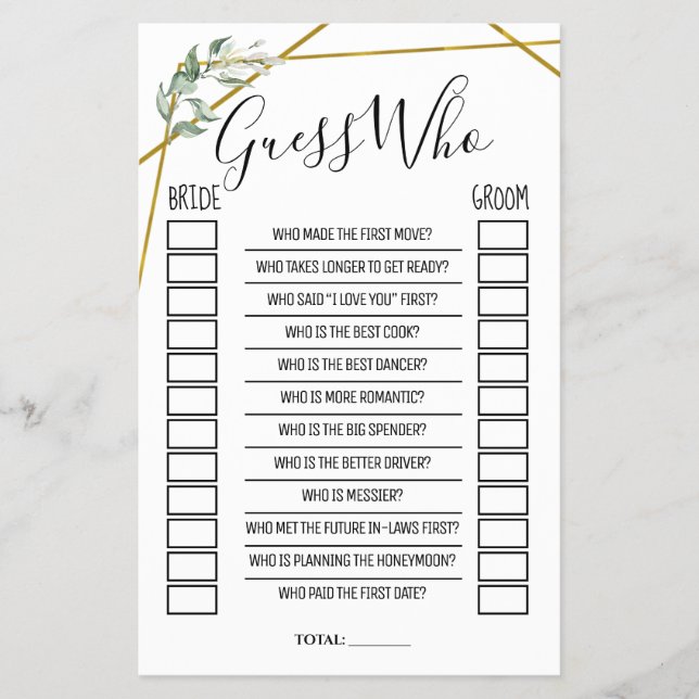 Greenery Gold Guess Who Brautparty Flyer (Vorne)